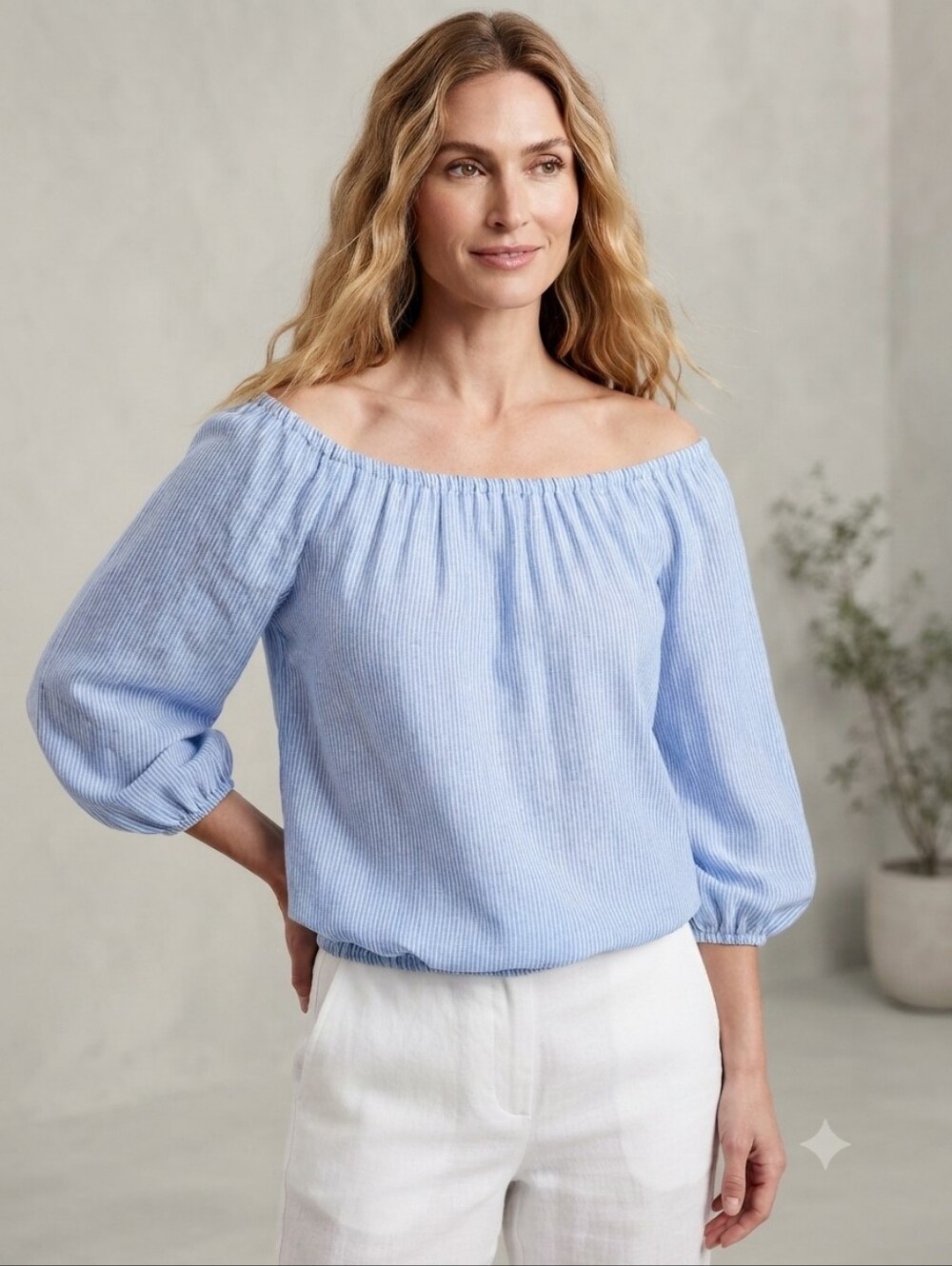 GAP Blue Striped Women's Off-Shoulder Top Linen Blend Size XS